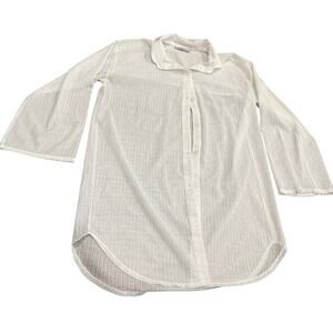 Solar Veil Women’s Beach Cover-Up White Collar 3/4 Sleeve Button Front  Size M